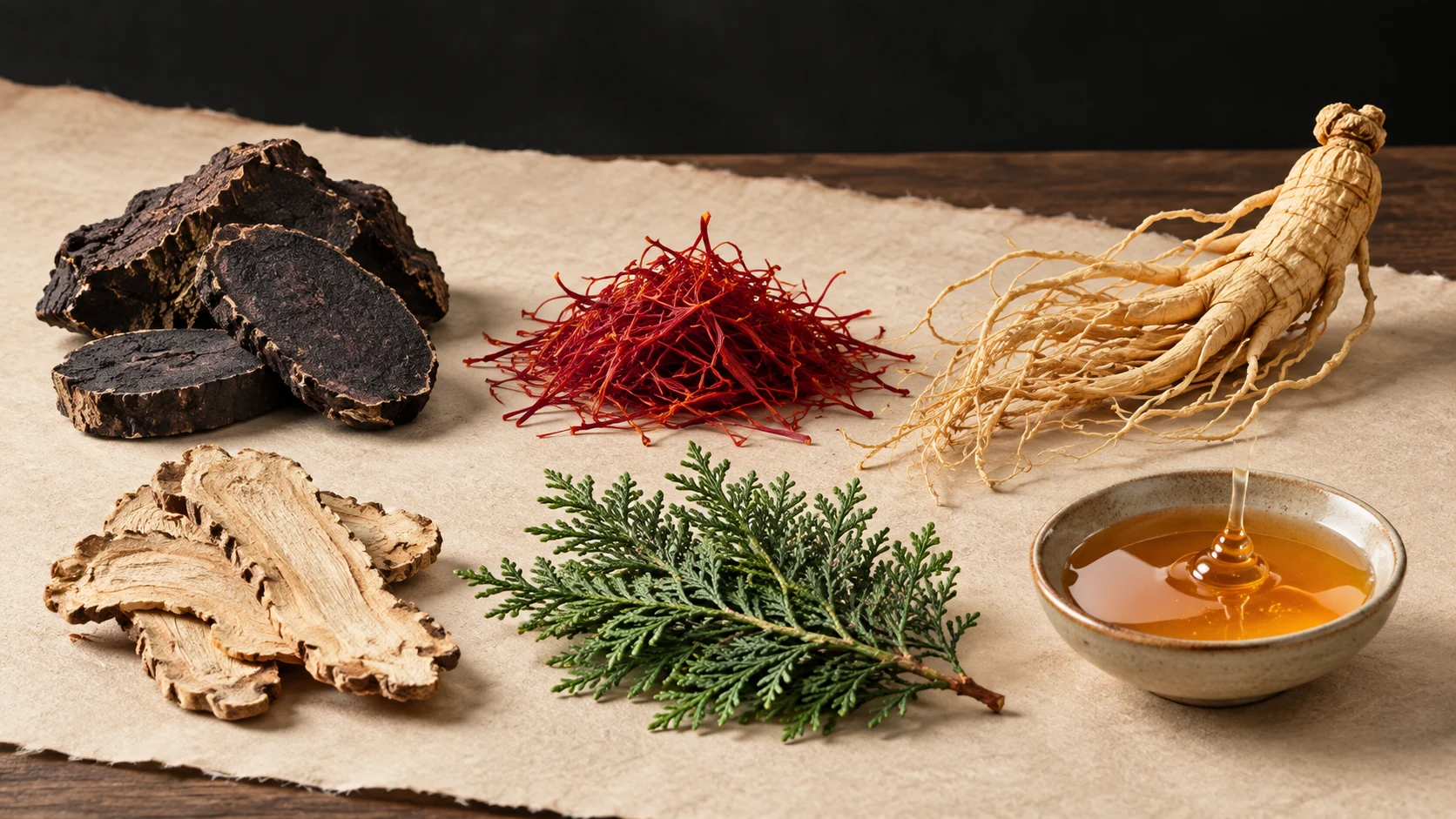 Conceptual still life of Fo-ti root, saffron, ginseng, Chinese angelica, Chinese arborvitae leaf and honey