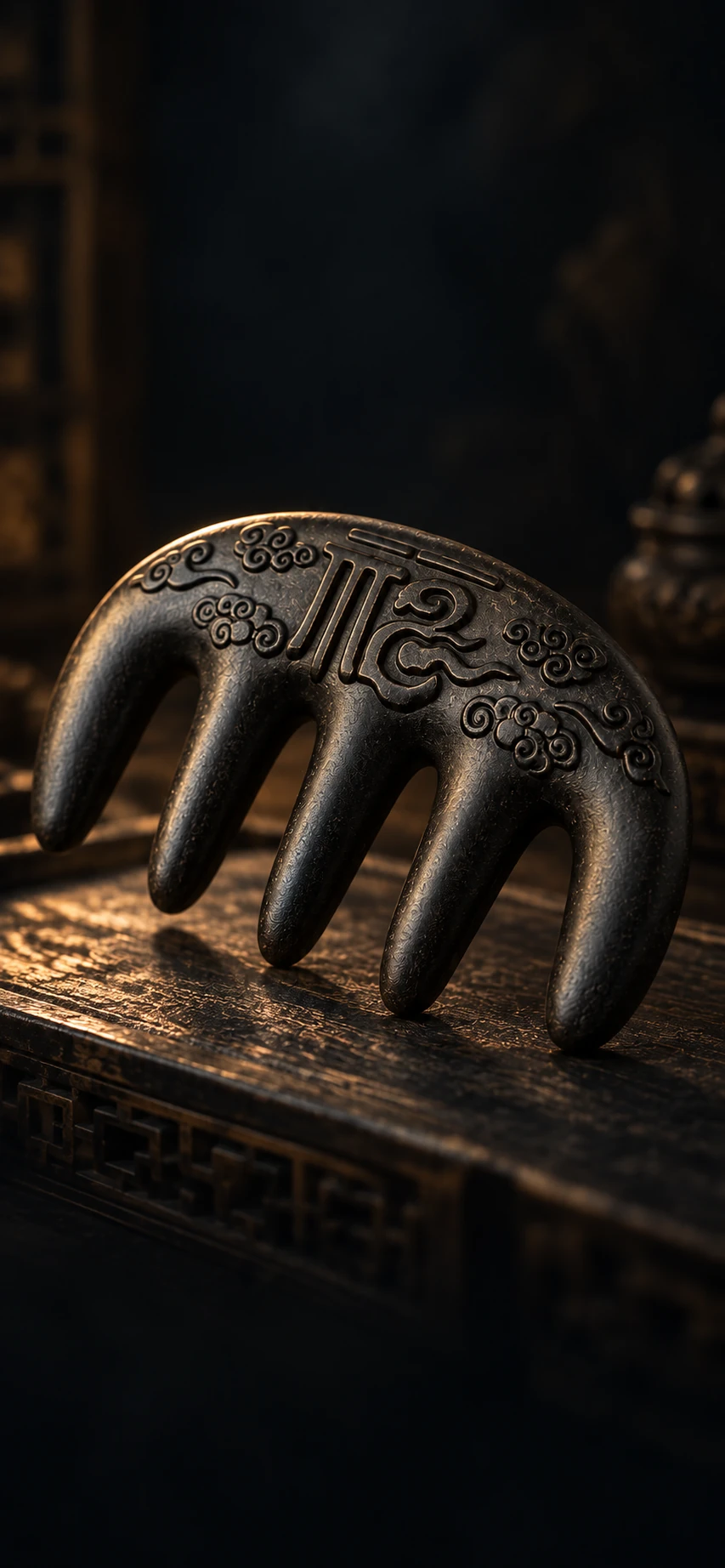Illustration of Shanxin Tang’s herbal incense comb with curved teeth and cloud-inspired motifs
