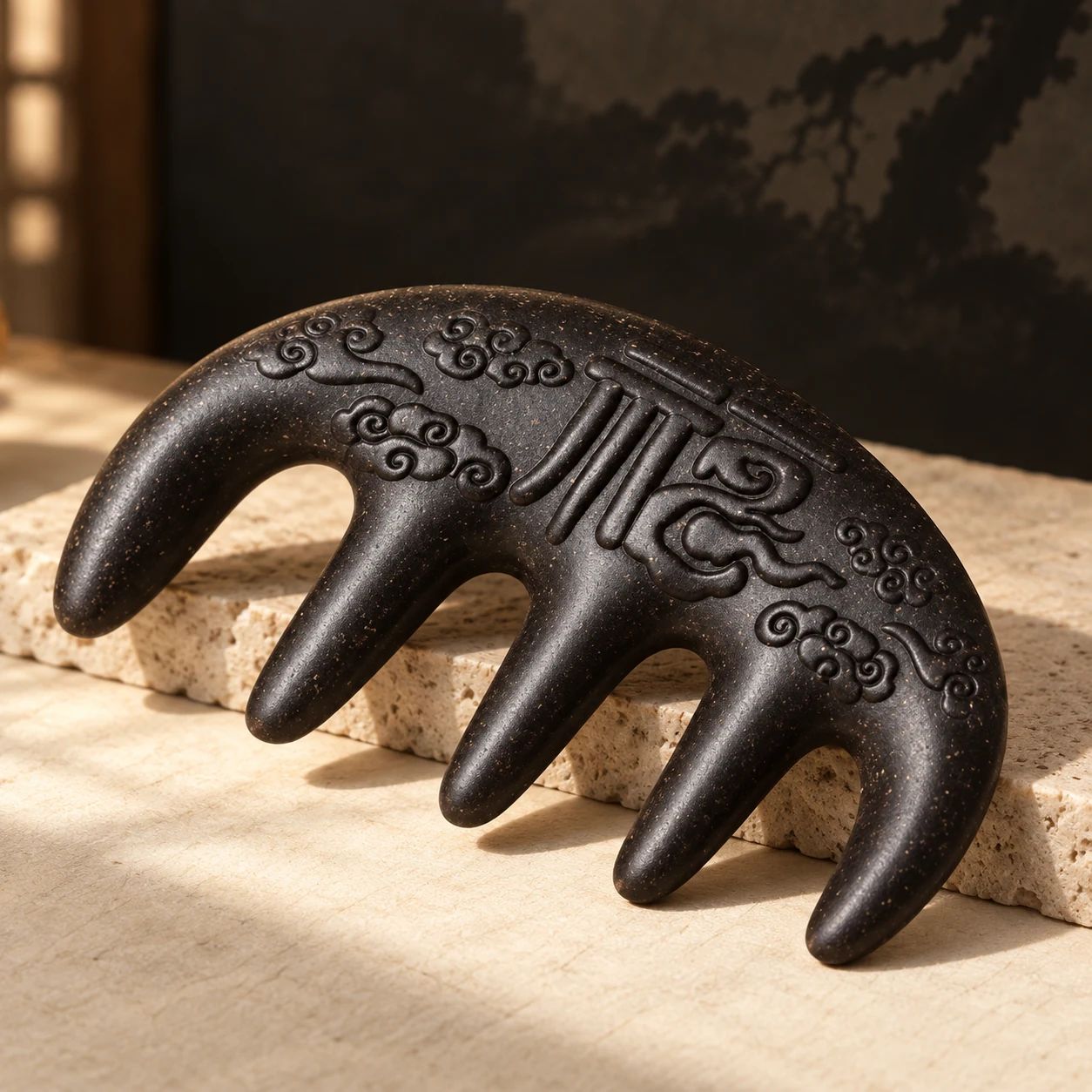 Reference-based illustration of the dark herbal incense comb, with five rounded teeth and carved cloud motifs