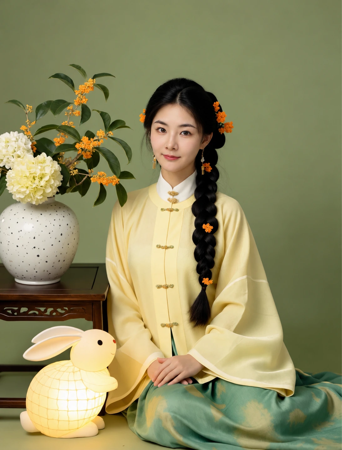 AI-assisted portrait of Iris in a yellow Chinese dress, with osmanthus flowers and a rabbit lantern