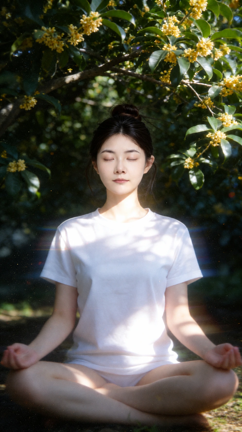 AI-assisted portrait of Iris seated with her eyes closed beneath osmanthus foliage in dappled light
