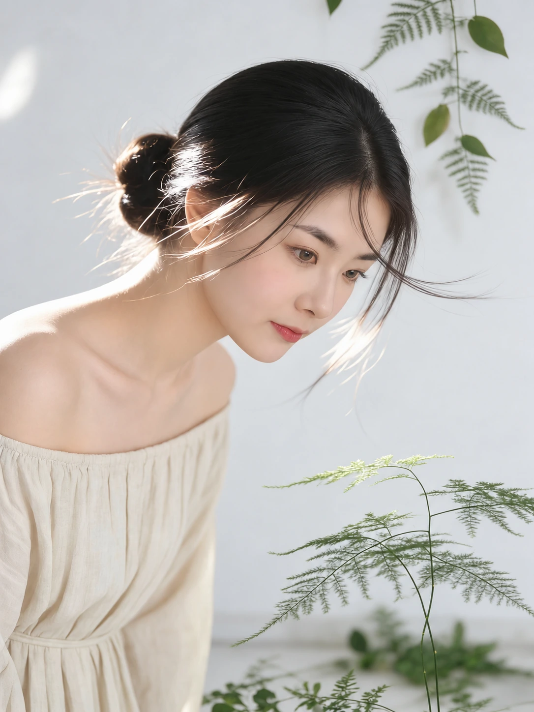 AI-assisted portrait of Iris in a white dress, looking down beside delicate green foliage